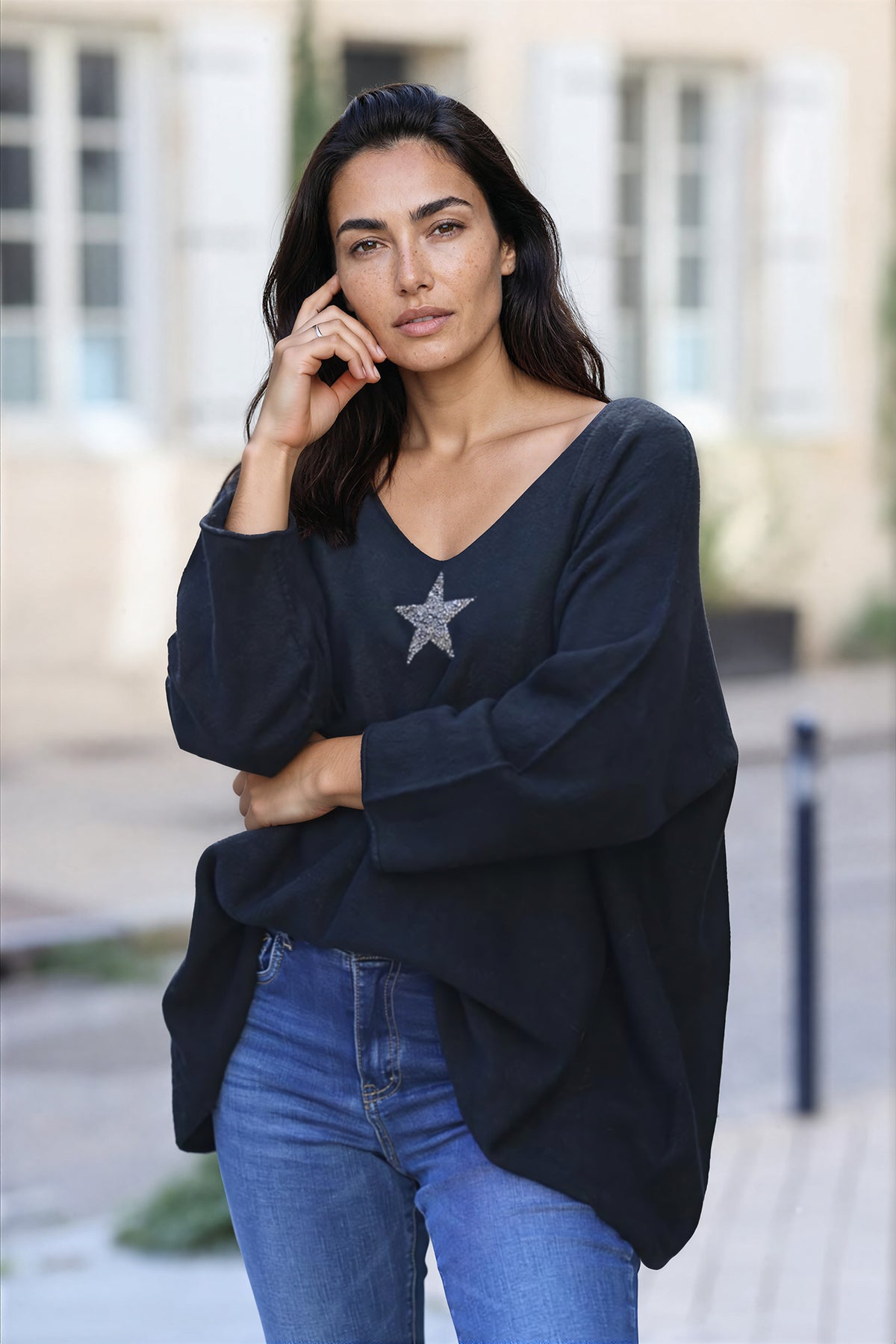Black Oversized super soft Sweater with Silver Rhinestone Star
