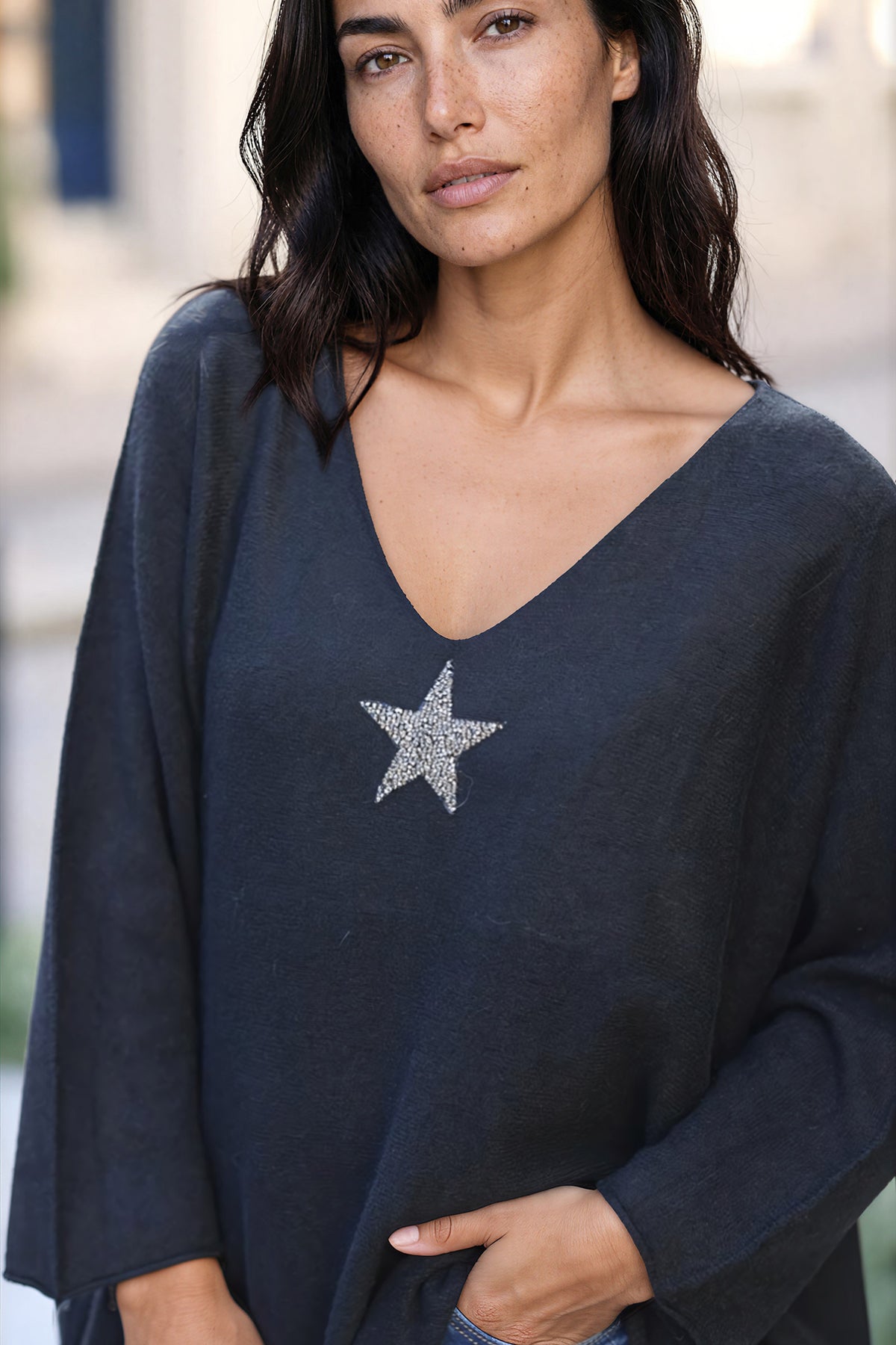 Black Oversized super soft Sweater with Silver Rhinestone Star