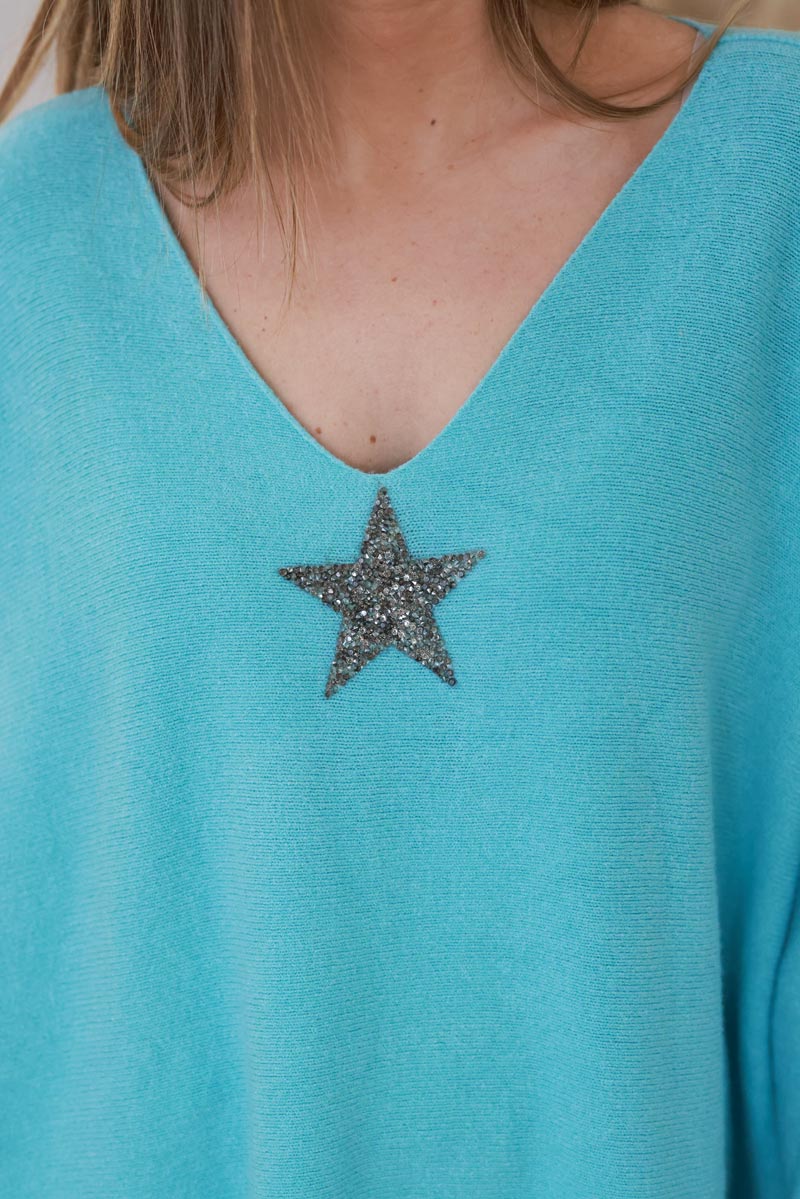 Light Turquoise Oversized Super Soft Sweater with Silver Rhinestone Star