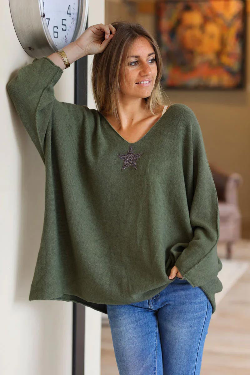 Olive Oversized Super Soft Sweater with Silver Rhinestone Star
