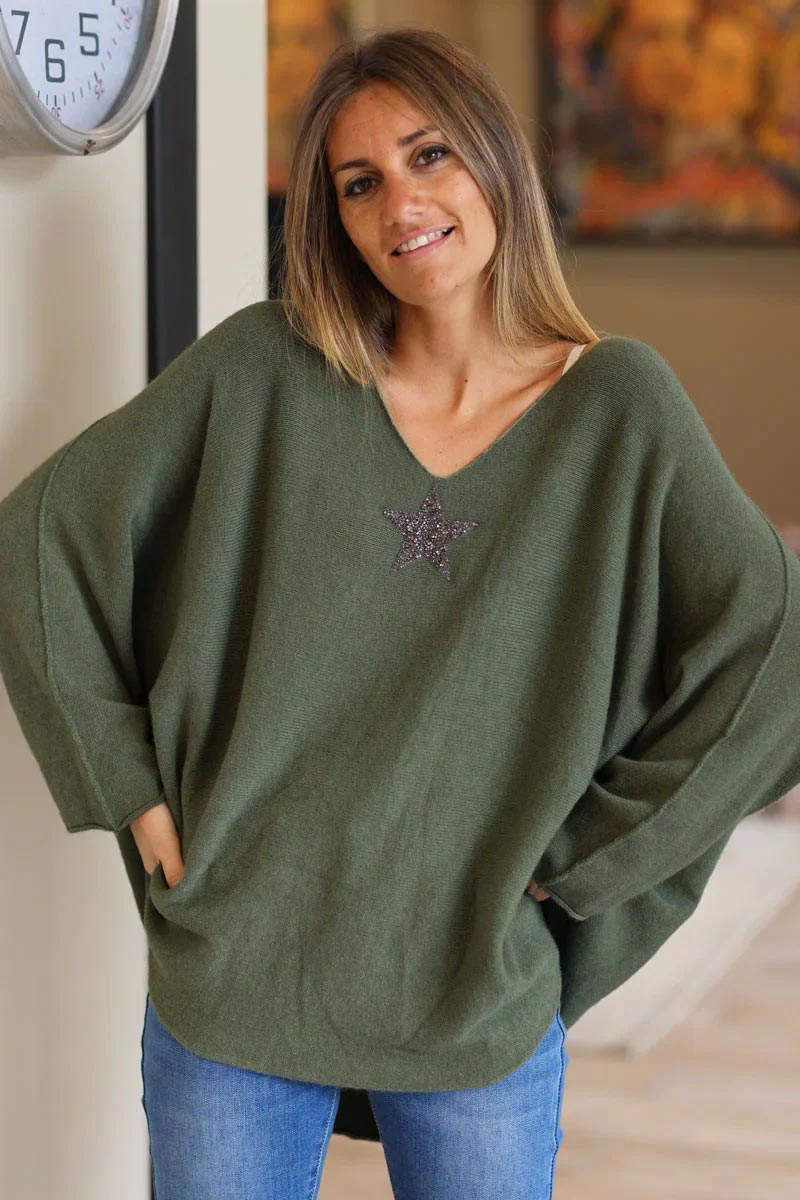 Olive Oversized Super Soft Sweater with Silver Rhinestone Star