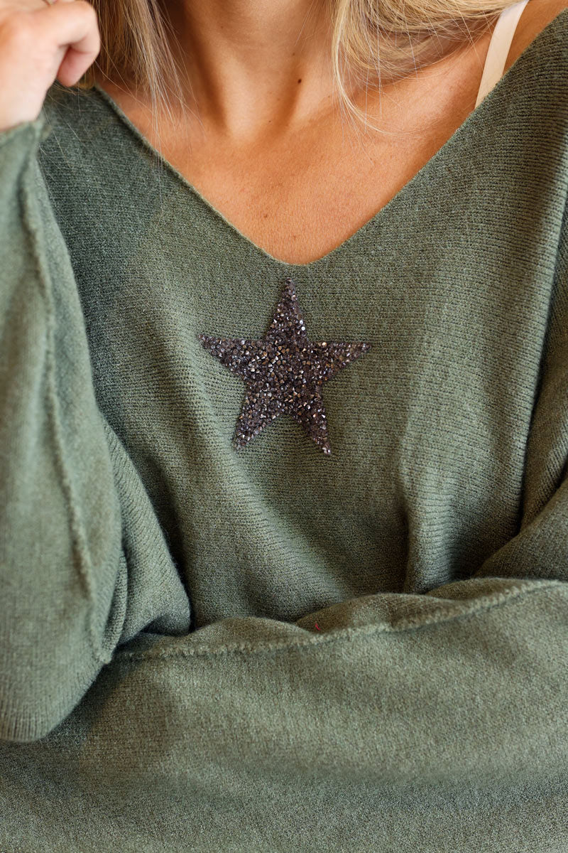 Olive Oversized Super Soft Jumper with Silver Rhinestone Star