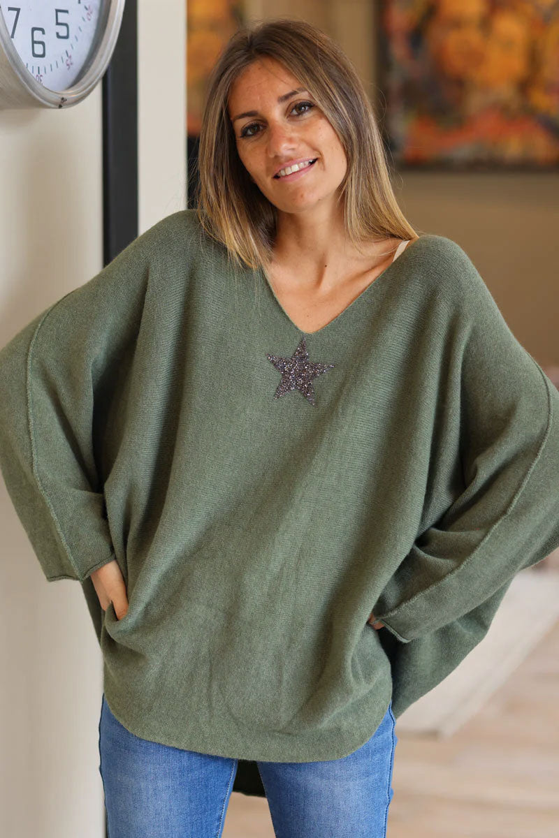 Olive Oversized Super Soft Jumper with Silver Rhinestone Star