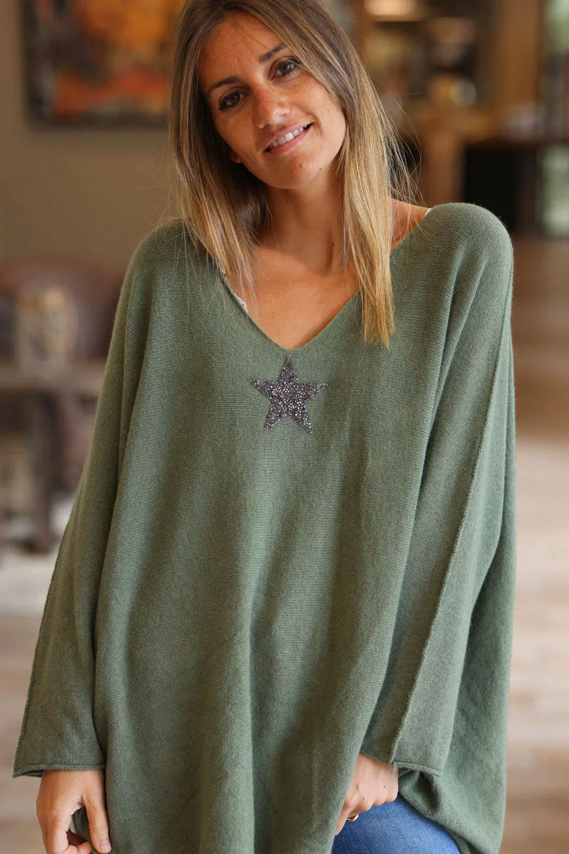 Olive Oversized Super Soft Jumper with Silver Rhinestone Star