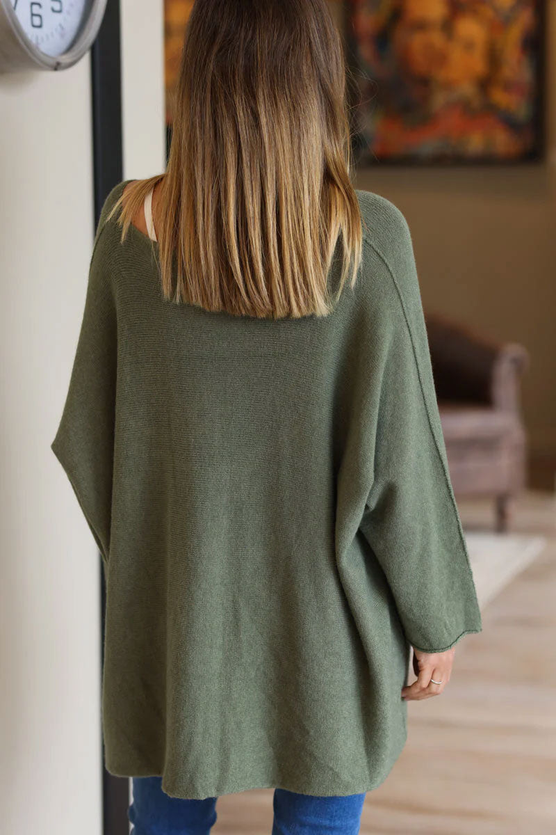 Olive Oversized Super Soft Jumper with Silver Rhinestone Star