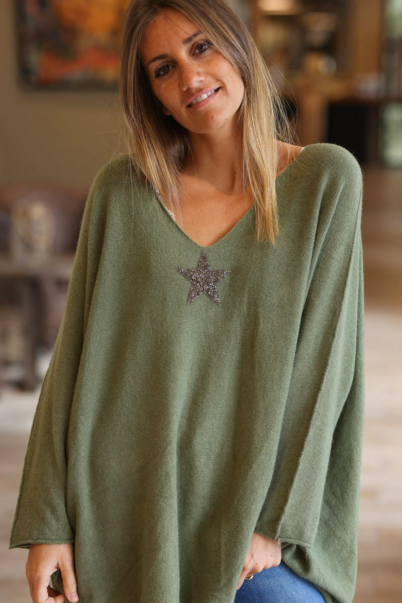 Khaki green oversized super soft jumper with silver rhinestone star