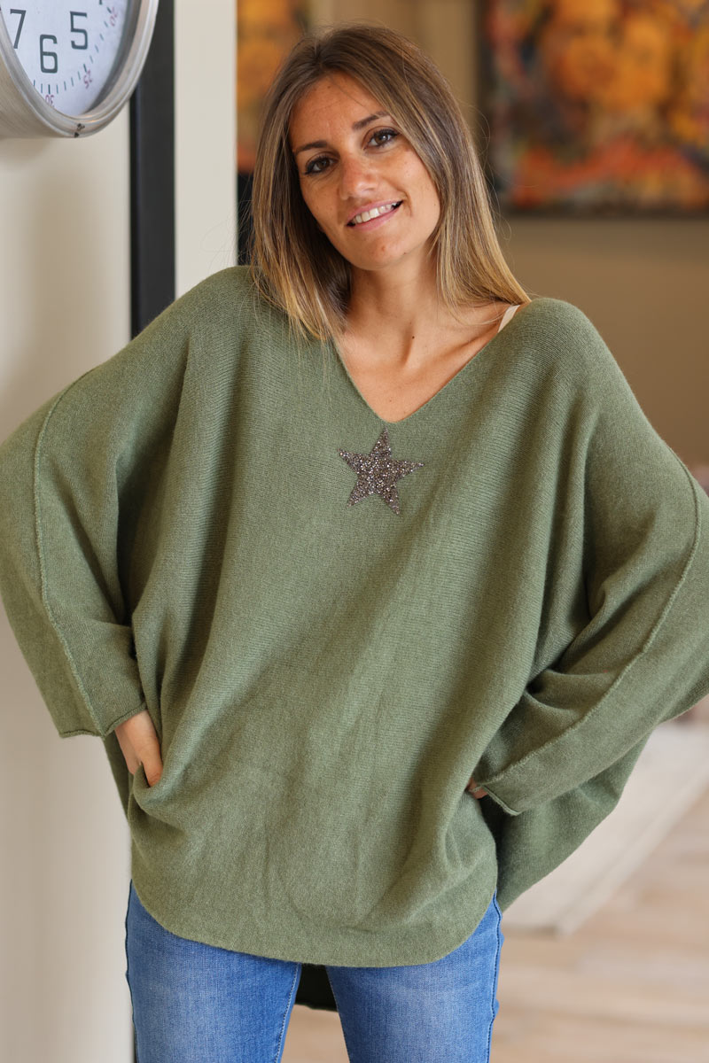 Khaki green oversized super soft jumper with silver rhinestone star