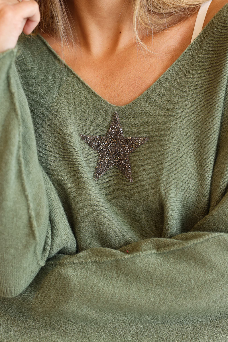 Khaki green oversized super soft jumper with silver rhinestone star