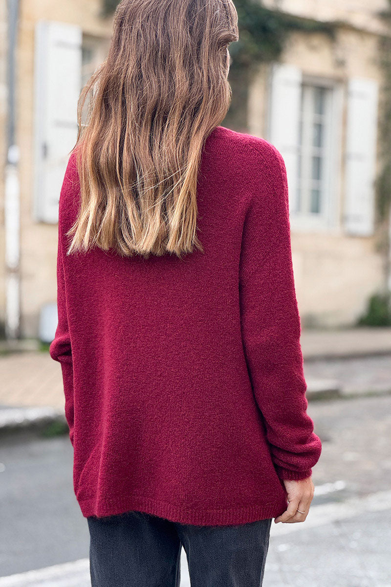 Pull lie de vin en maille alpaga tout doux détail col v