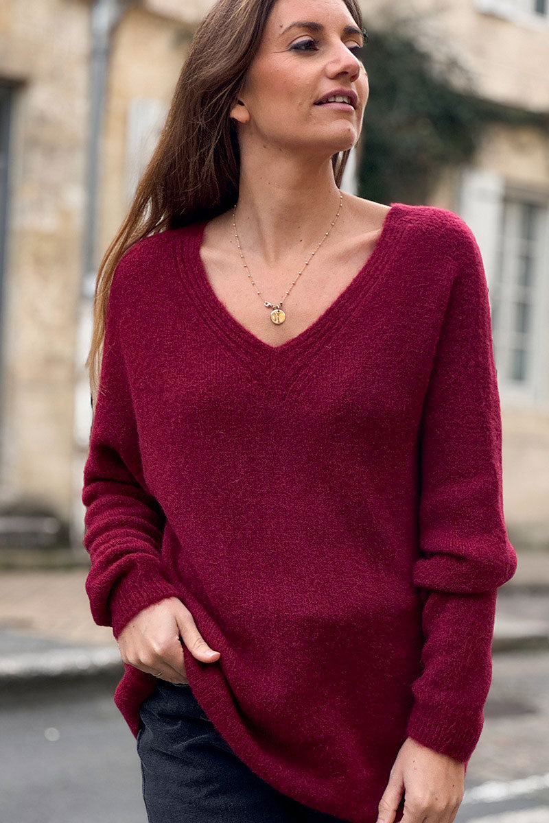 Pull lie de vin en maille alpaga tout doux détail col v