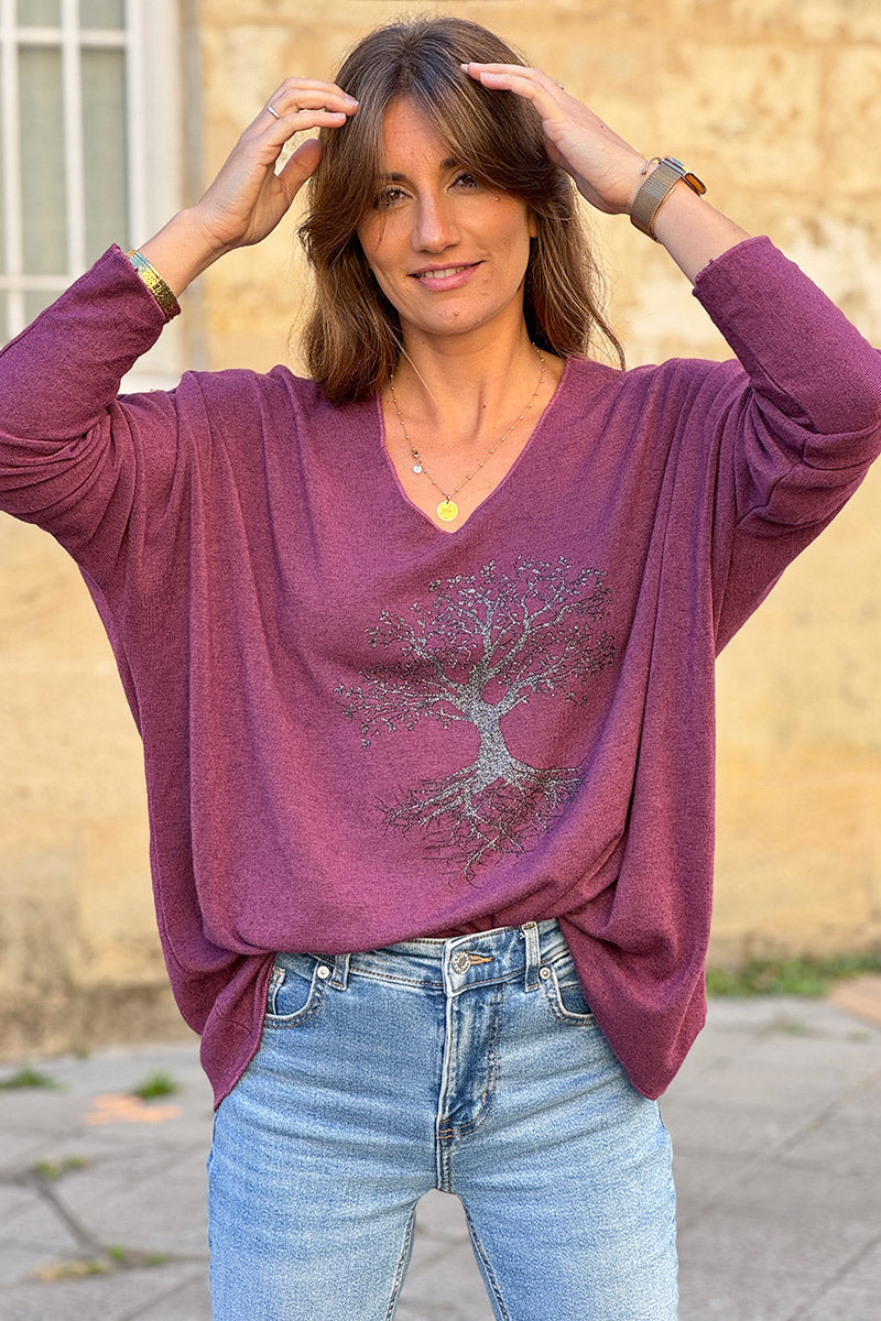 Burgundy Light Weight Sweater with Tree of Life Print