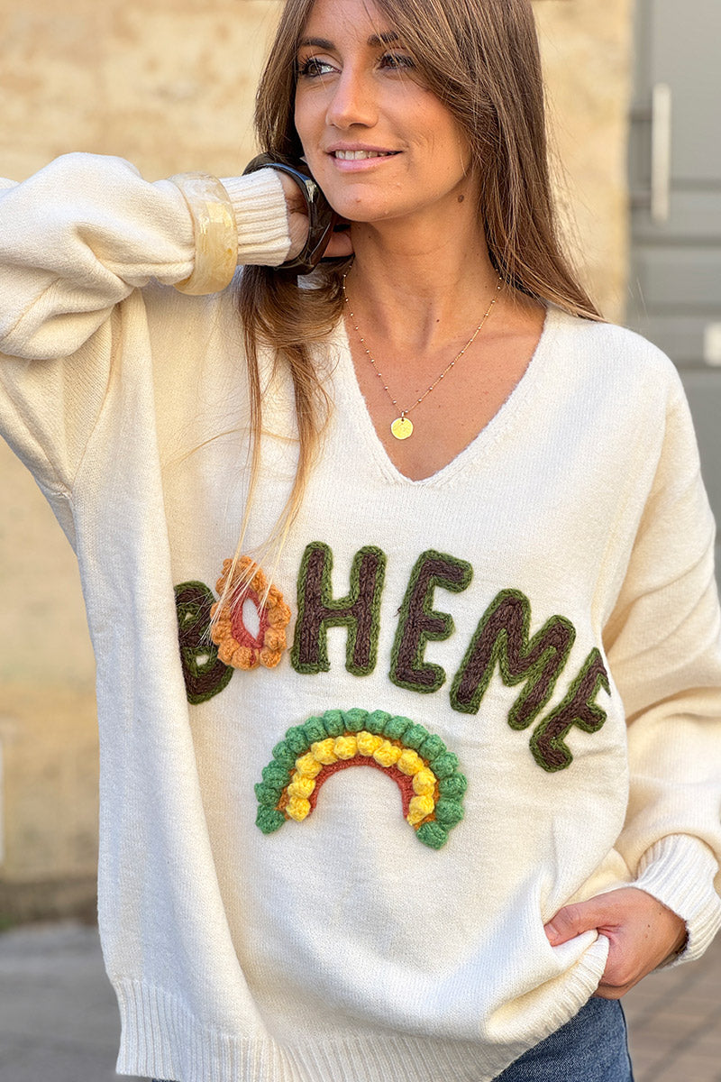 Cream BOHEME Yarn Art V-Neck Sweater