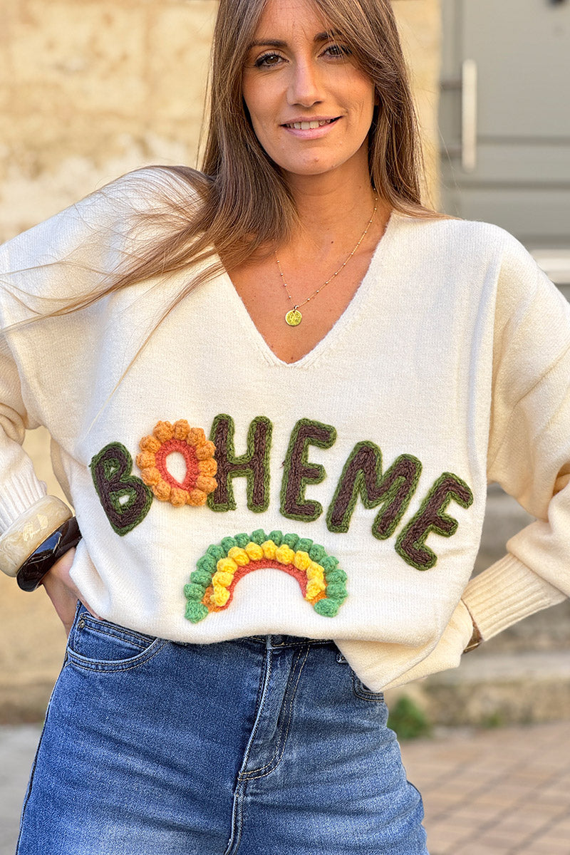 Cream BOHEME Yarn Art V-Neck Sweater