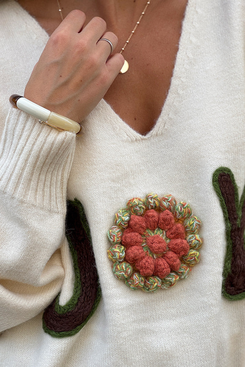 Cream JOY V-Neck Knit Sweater