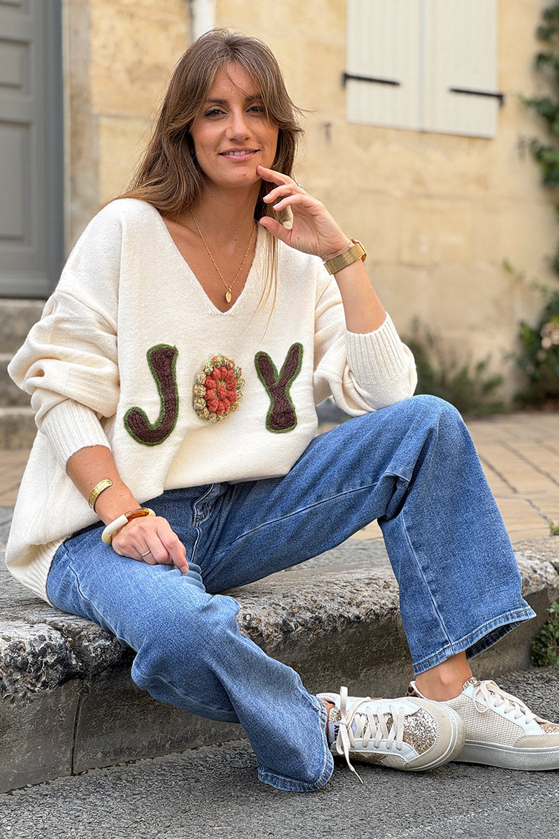 Cream JOY V-Neck Knit Sweater