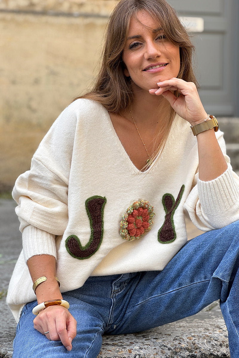 Cream JOY V-Neck Knit Sweater