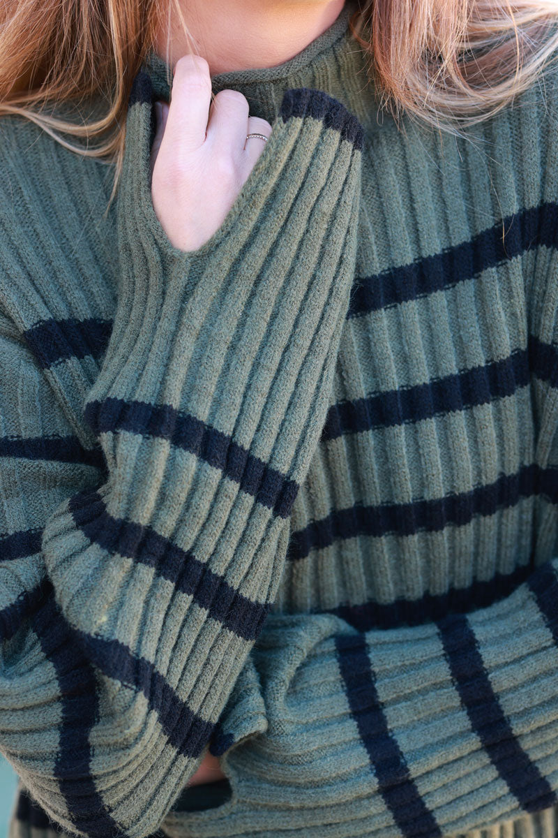 Olive and Black Stripe Mock Neck Sweater
