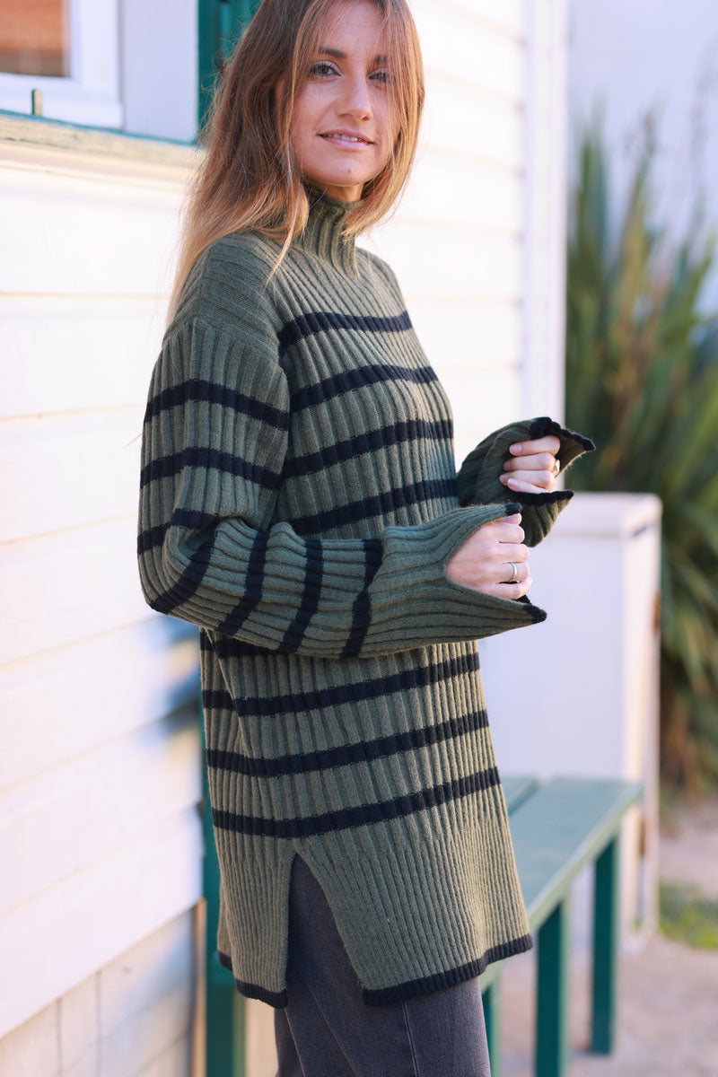 Olive and Black Stripe Mock Neck Sweater
