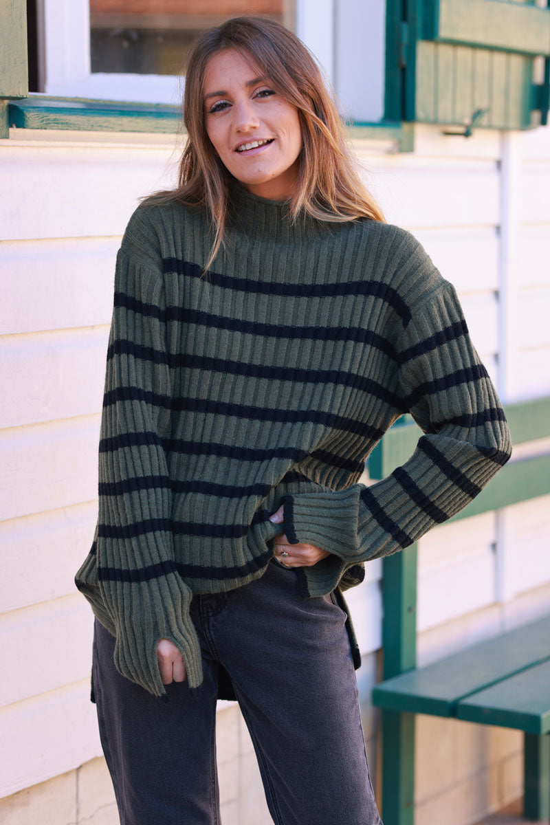 Olive and Black Stripe Mock Neck Sweater
