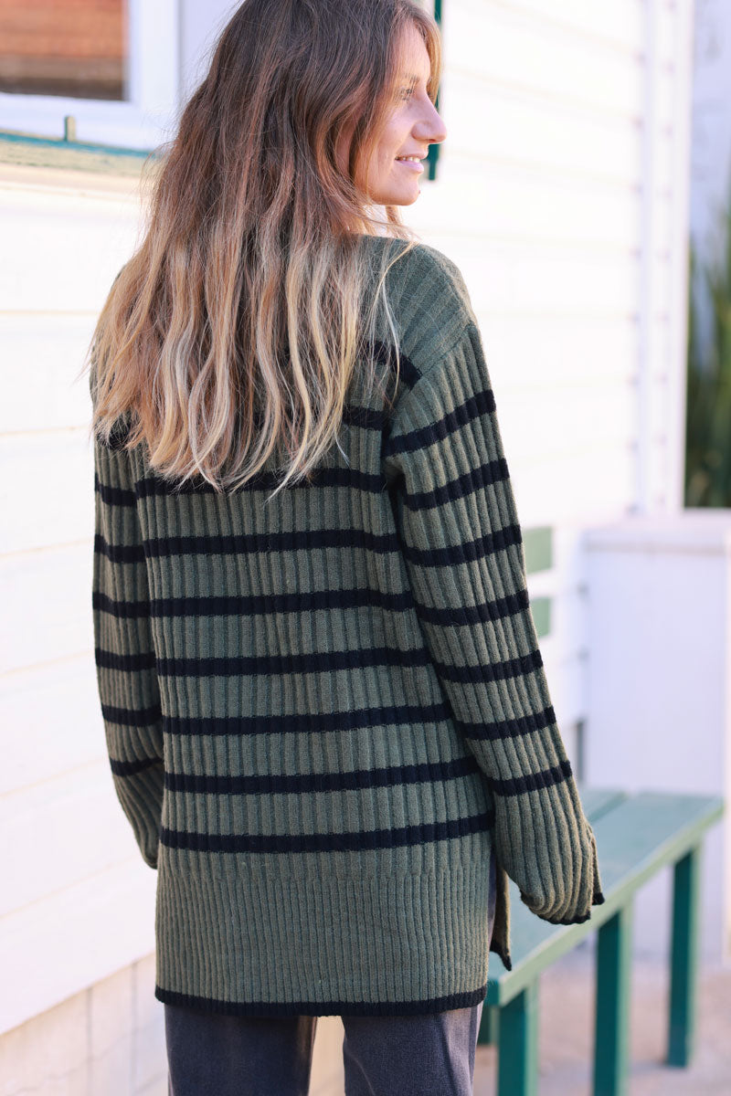 Olive and Black Stripe Mock Neck Sweater
