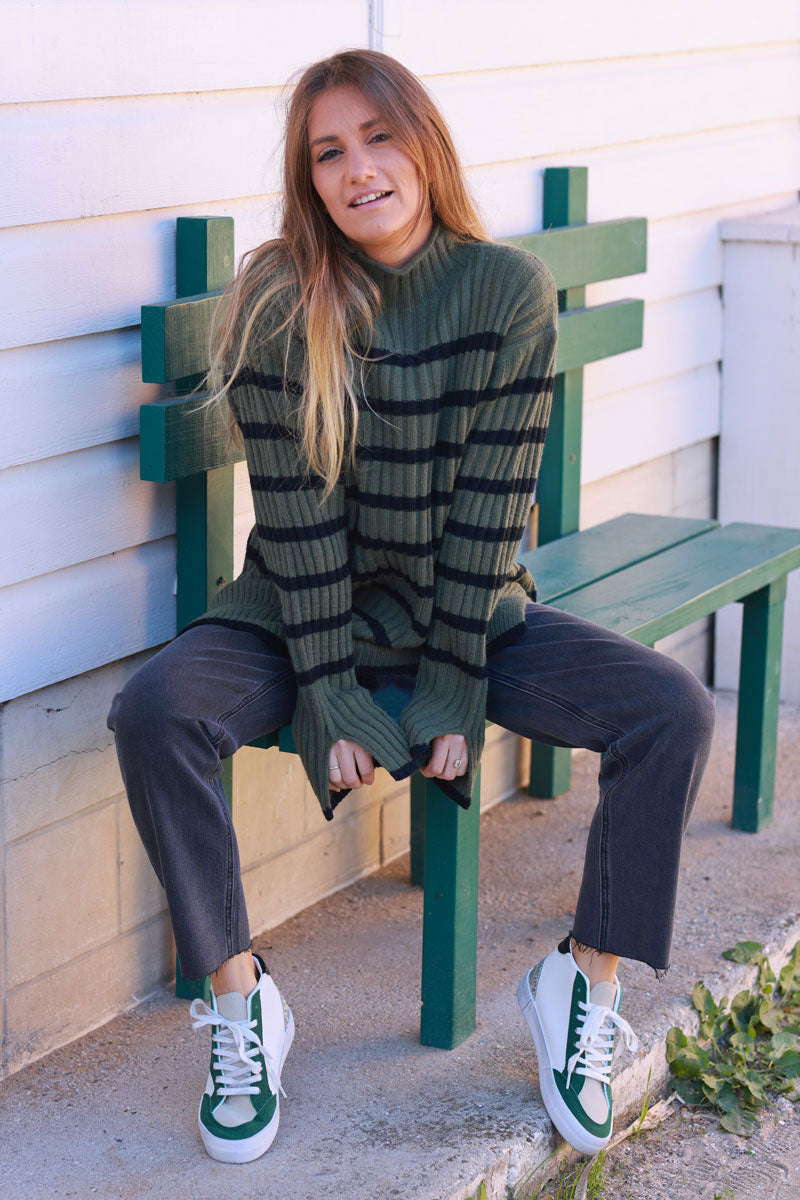 Olive and Black Stripe Mock Neck Sweater
