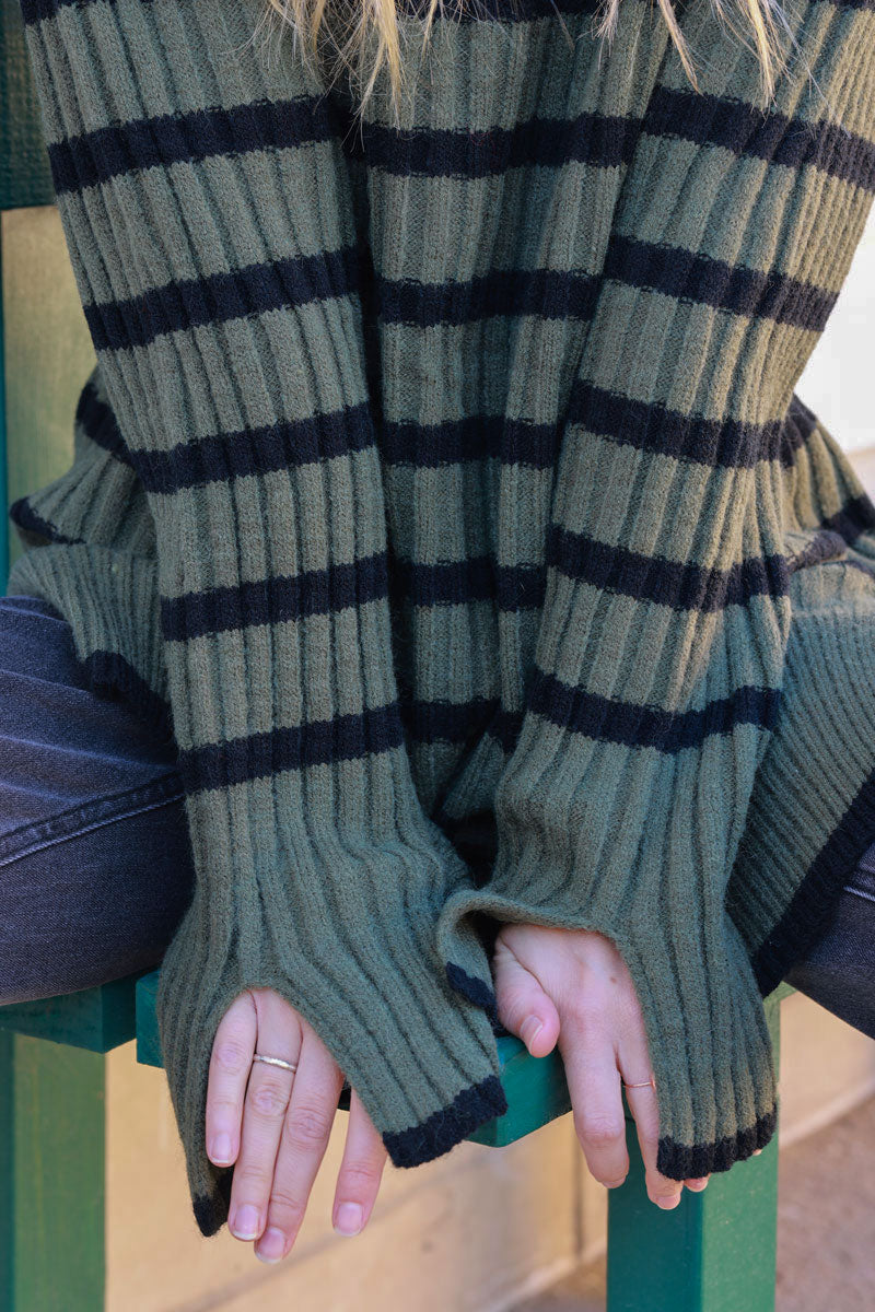 Olive and Black Stripe Mock Neck Sweater
