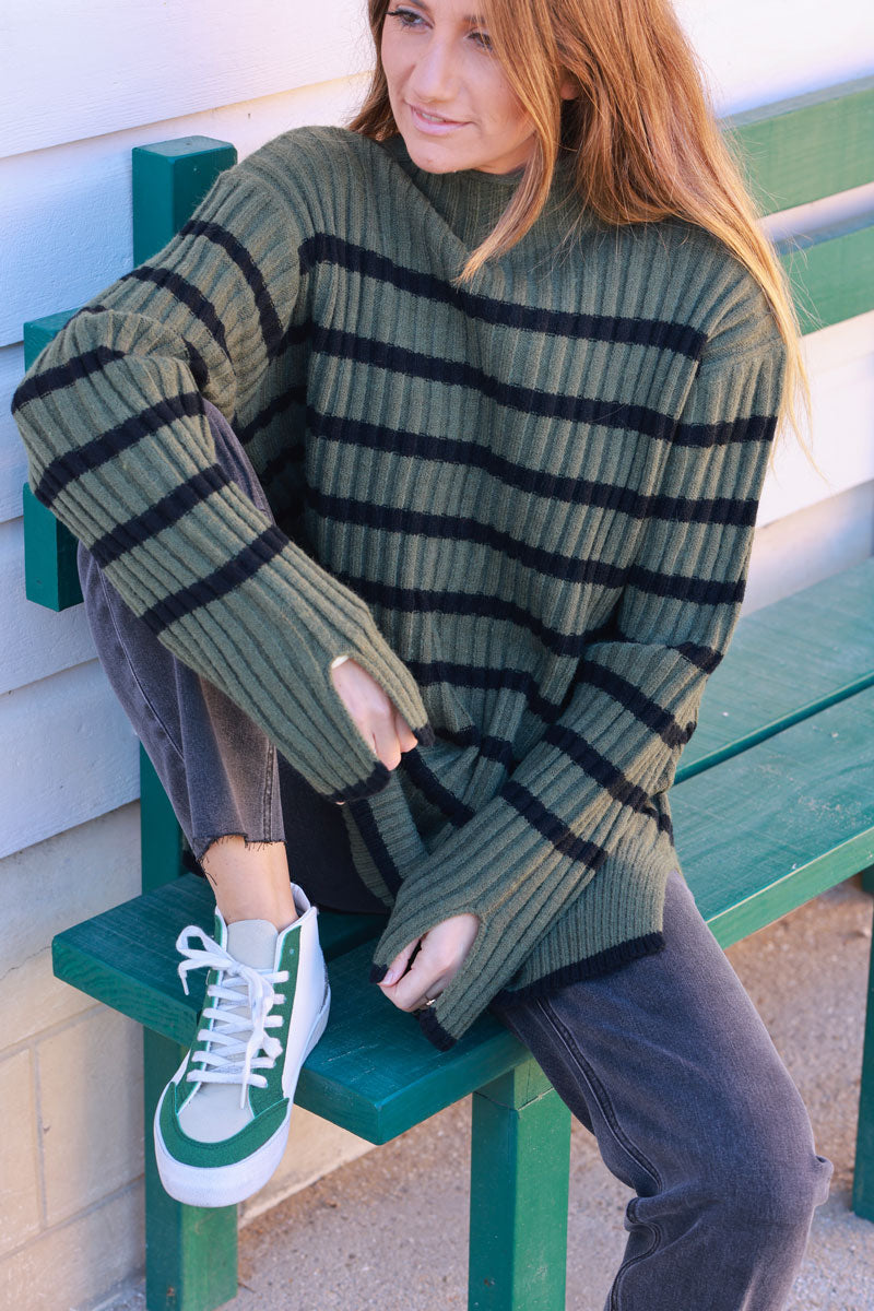 Olive and Black Stripe Mock Neck Sweater
