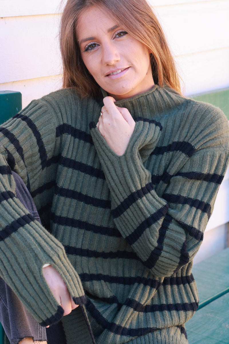 Olive and Black Stripe Mock Neck Sweater
