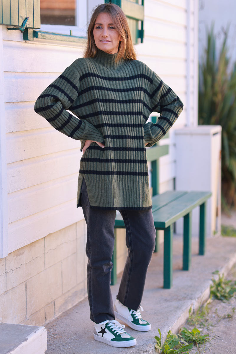 Olive and Black Stripe Mock Neck Sweater
