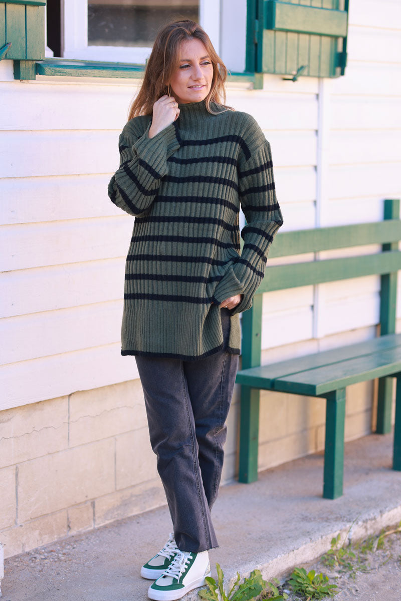 Olive and Black Stripe Mock Neck Sweater
