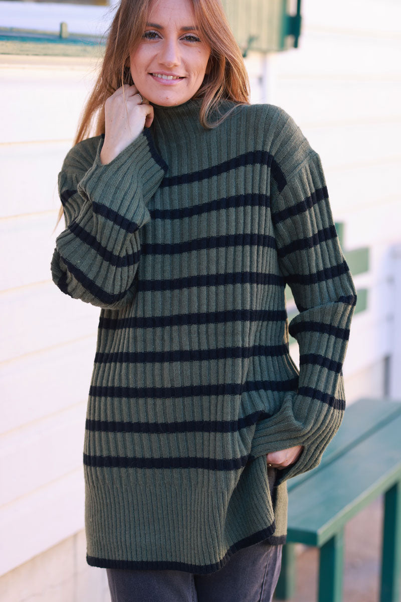 Olive and Black Stripe Mock Neck Sweater
