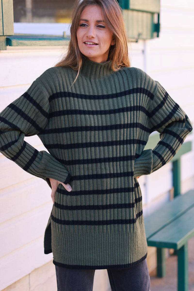 Olive and Black Stripe Mock Neck Sweater
