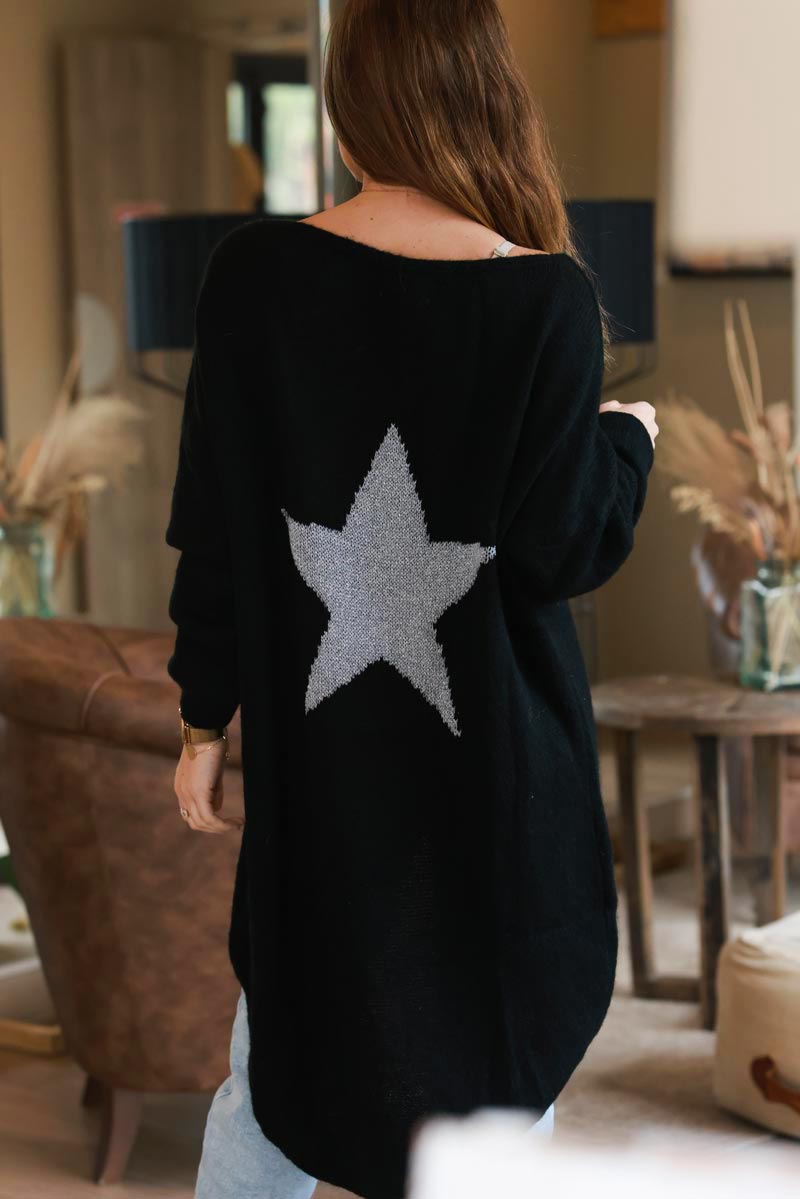 Black Silver Star Wool Blend Slouchy Knit Top