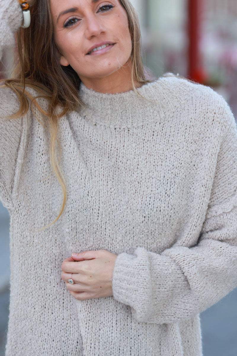 Beige Shearling Knit Turtleneck Sweater