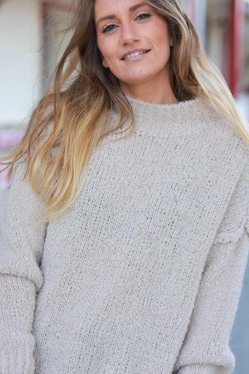 Beige Shearling Knit Turtleneck Sweater