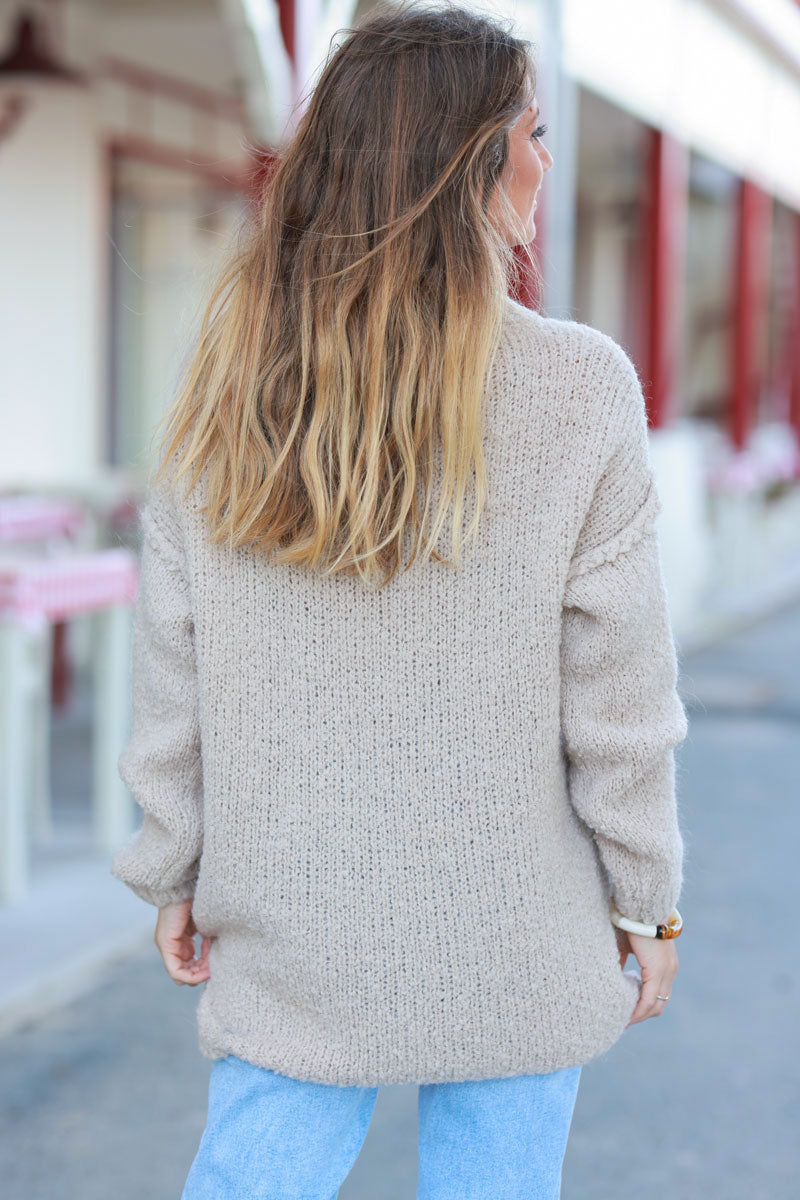 Beige Shearling Knit Turtleneck Sweater