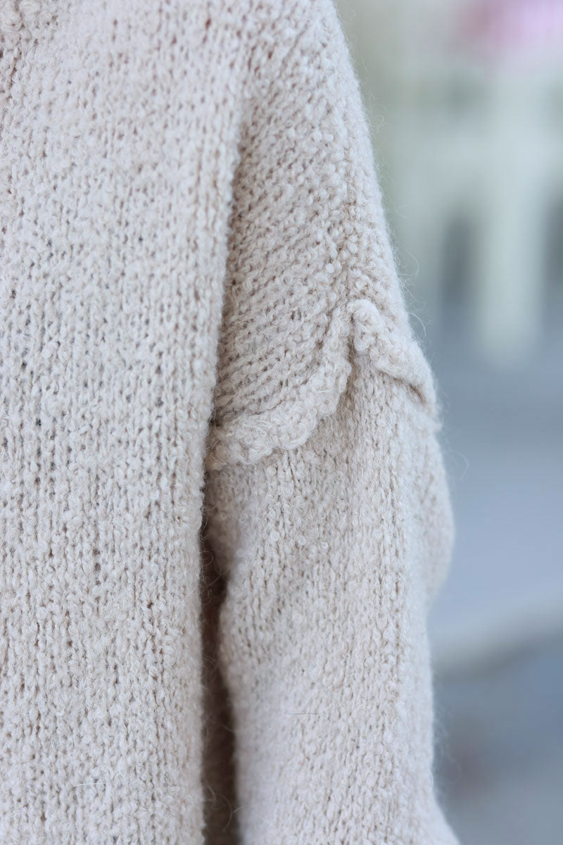 Beige Shearling Knit Turtleneck Sweater