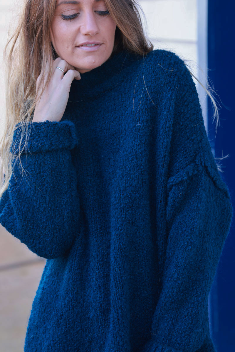 Navy blue Shearling Knit Turtleneck Sweater