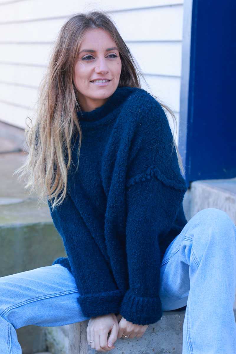 Navy blue Shearling Knit Turtleneck Sweater