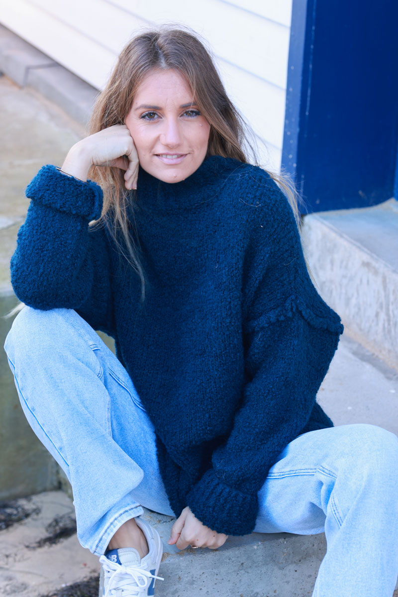 Navy blue Shearling Knit Turtleneck Sweater