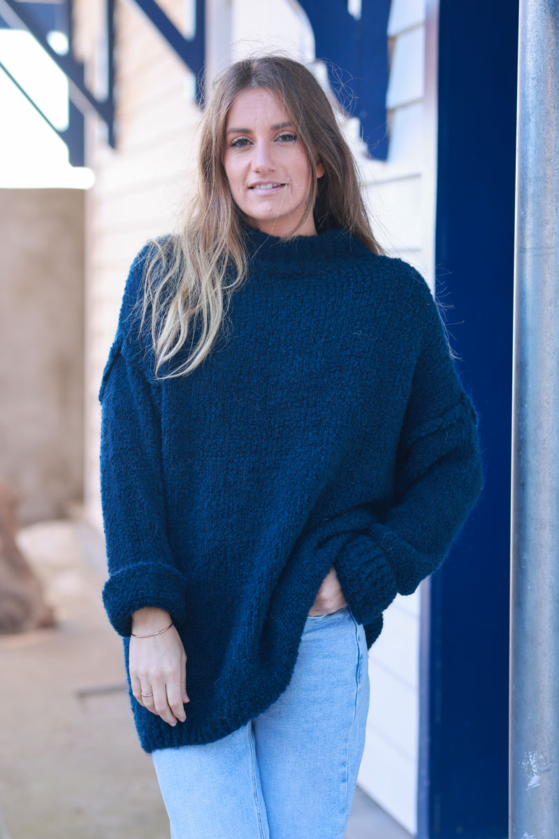 Navy blue Shearling Knit Turtleneck Sweater