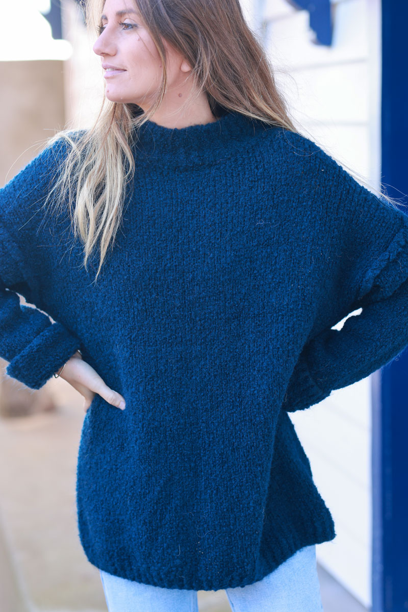 Navy blue Shearling Knit Turtleneck Sweater