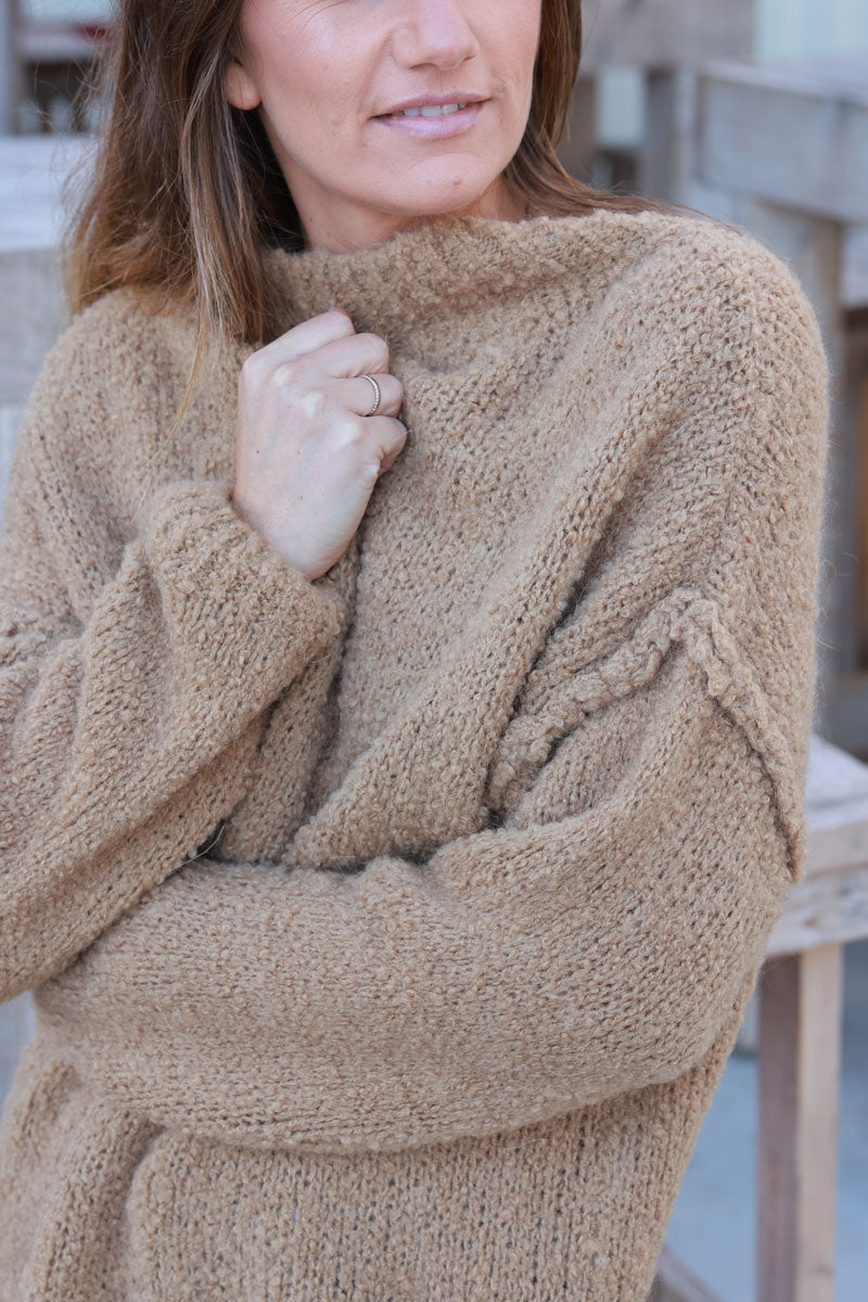 Caramel Shearling Knit Turtleneck Sweater