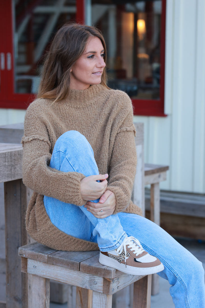 Caramel Shearling Knit Turtleneck Sweater