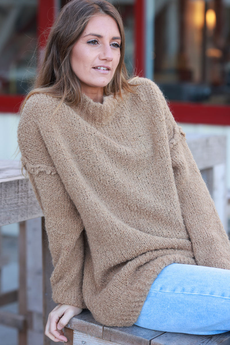 Caramel Shearling Knit Turtleneck Sweater