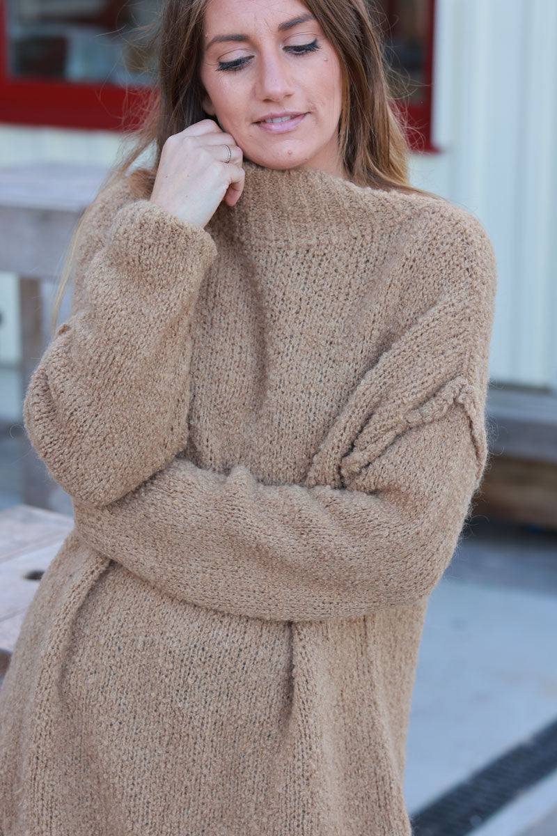 Caramel Shearling Knit Turtleneck Sweater