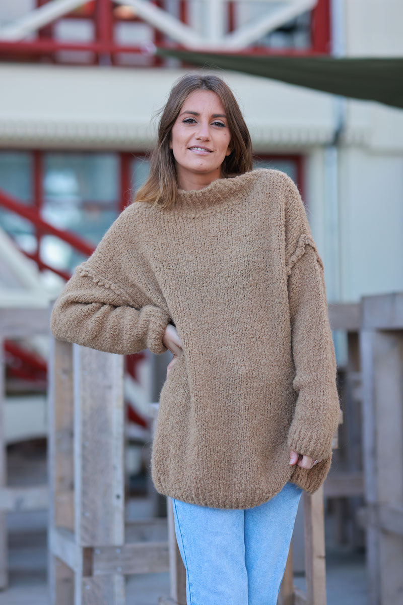 Caramel Shearling Knit Turtleneck Sweater