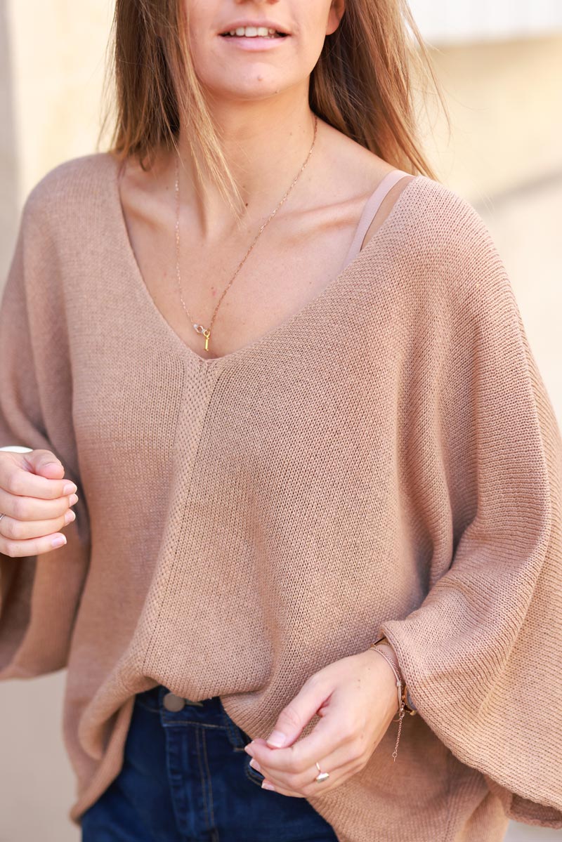 Camel cotton knit sweater with batwing sleeves