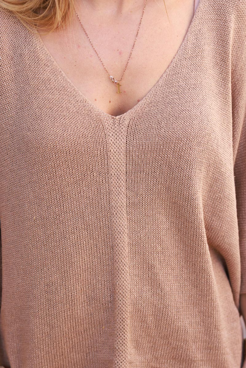 Camel cotton knit jumper with batwing sleeves