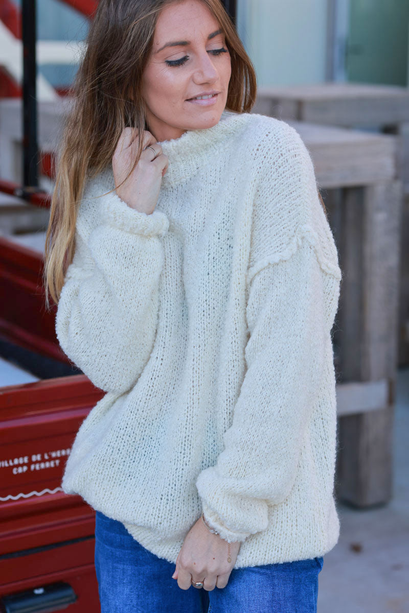 Ecru Shearling Knit Turtleneck Sweater